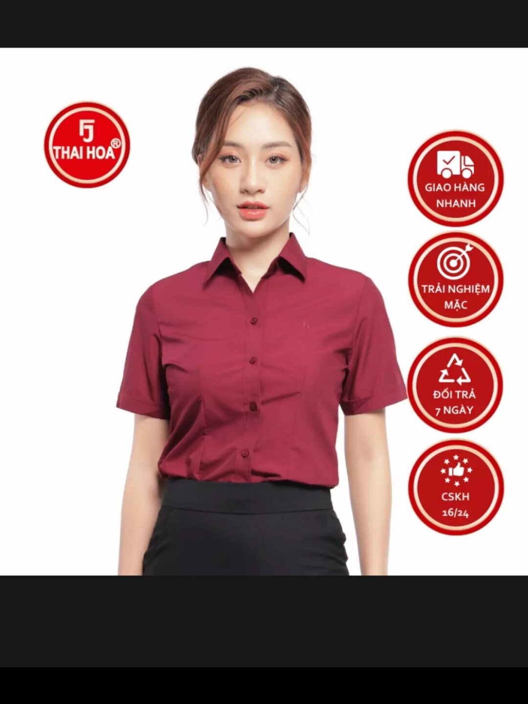 áo sơ mi nữ Thái Hòa màu đỏ đô vải kate