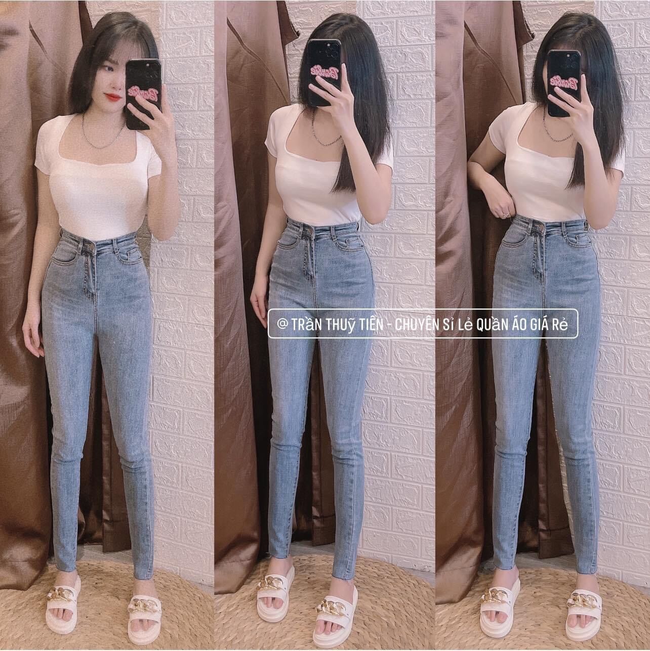 Jeans dài lưng cao co giãn + áo crop cổ vuông trơn