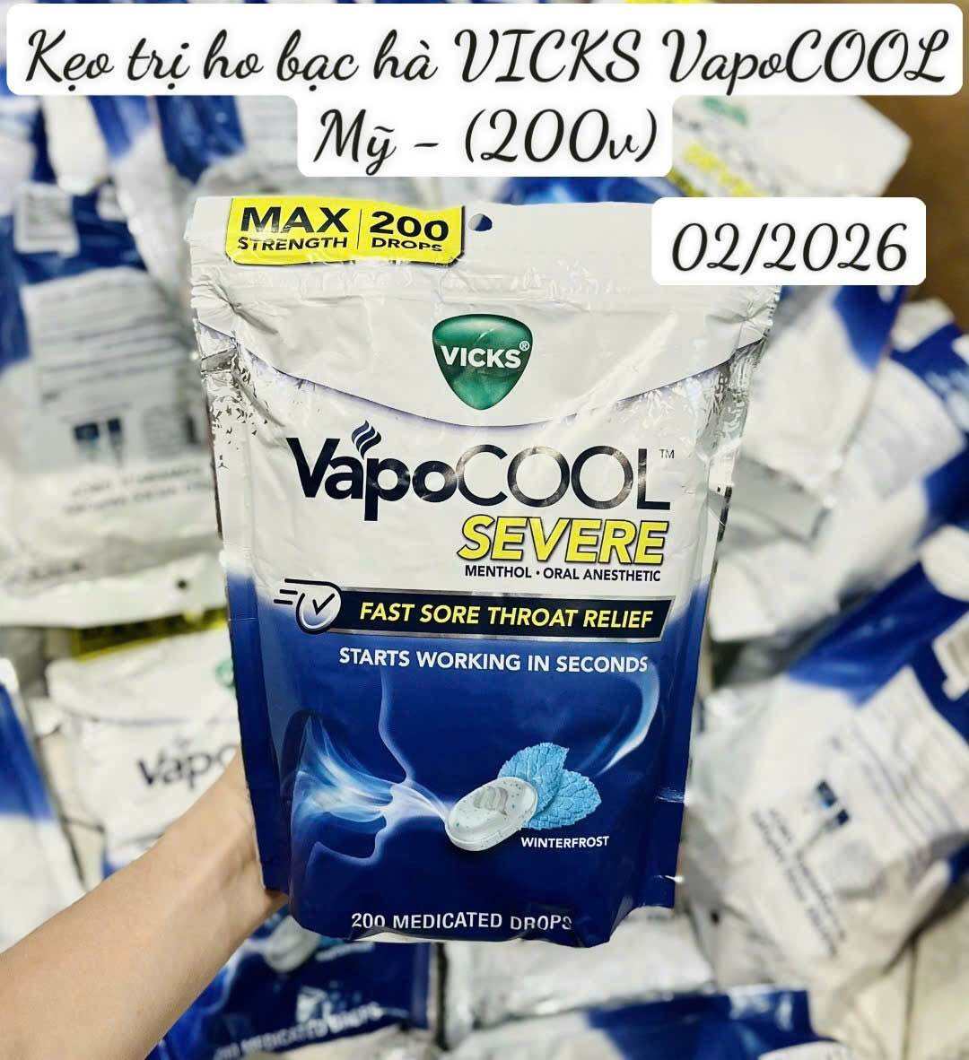 Kẹo bạc hà VICKS VapoCOOL Severe Menthol - 200 viên - Mỹ