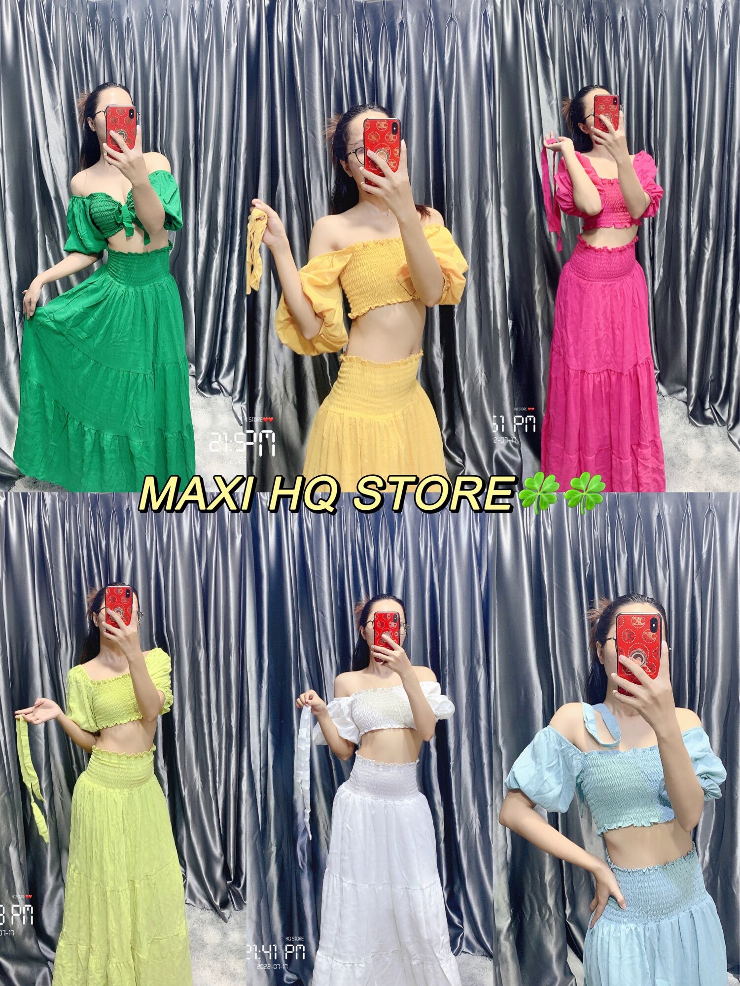 Set maxi đi biển nhún xoè tay bầu có dây cột, set maxi nhiều kiểu mặc - Maxi HQ store