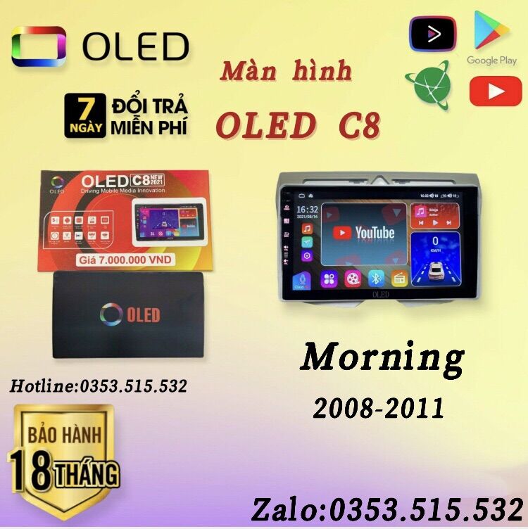 Màn hình android oled c8 new theo xe kia morning 2008 - 2012, 9 inch kèm dưỡng và jack nguồn zin theo xe