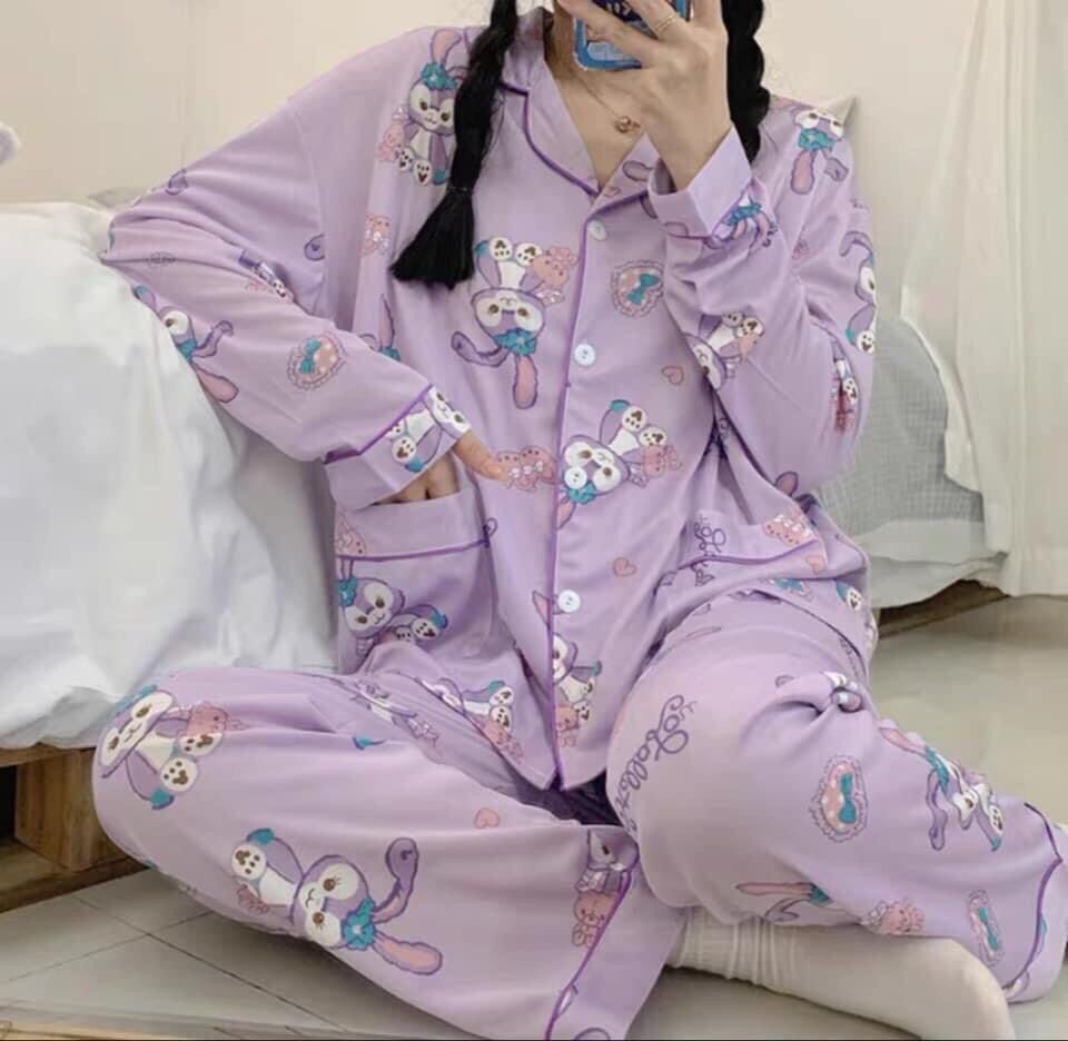 Bộ ngủ pijama nữ thỏ tím chất kate thái siêu xinh tay dài quần dài siêu hot - Bộ mặc nhà tay dài tím