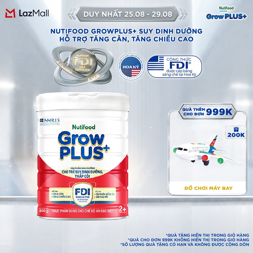 Sữa bột Nutifood GrowPLUS+ Suy Dinh Dưỡng (Đỏ) 2+ - Tăng Cân, Tăng Chiều Cao (Lon 850G)