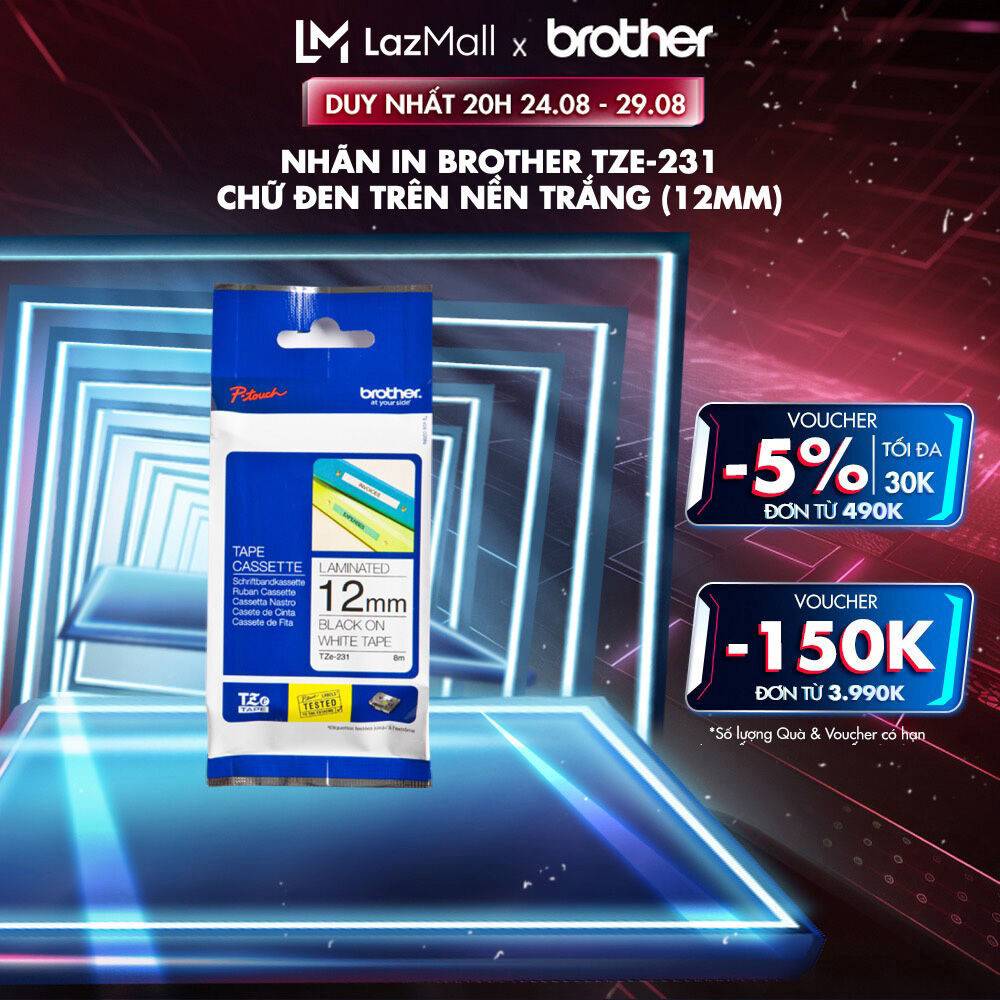 Nhãn in Brother TZe-231 chữ đen trên nền trắng (12mm)