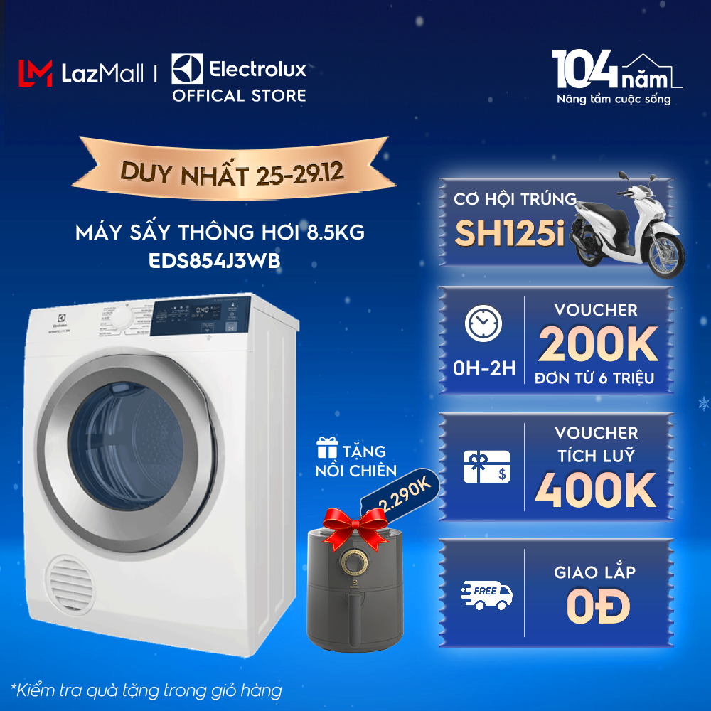 Máy sấy thông hơi Electrolux 8.5kg EDS854J3WB Làm mới áo quần và giảm nhăn Lồng giặt chuyển động luân phiên giảm nhăn