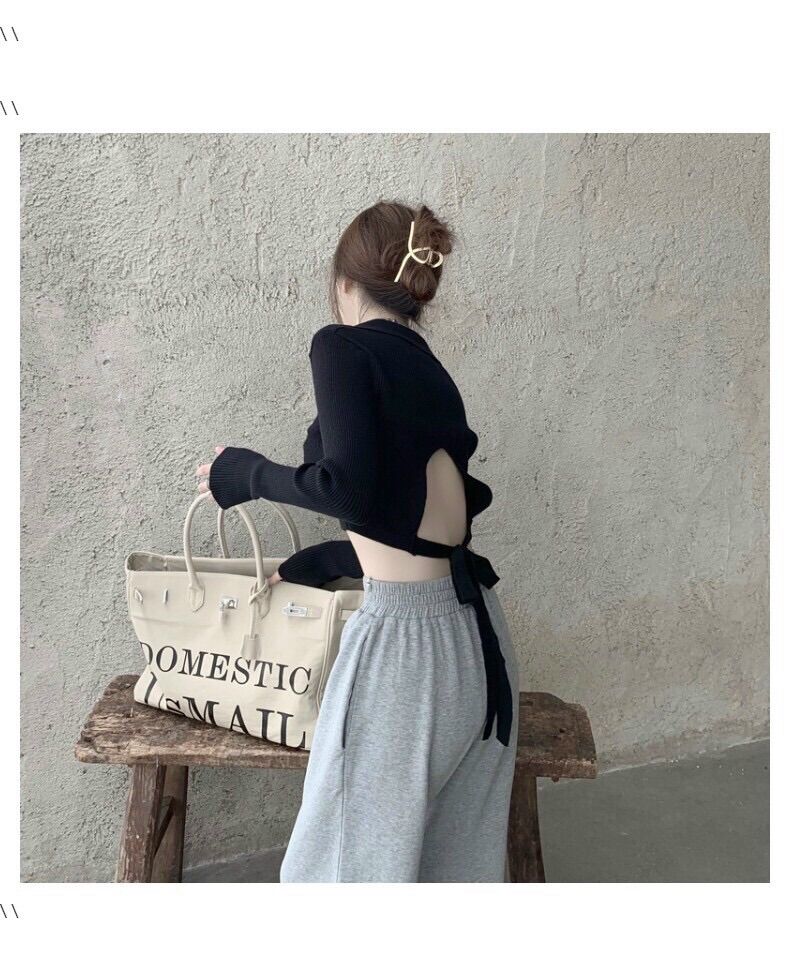 Áo Croptop Gân Cổ bẻ Cột Sau Tay Dài