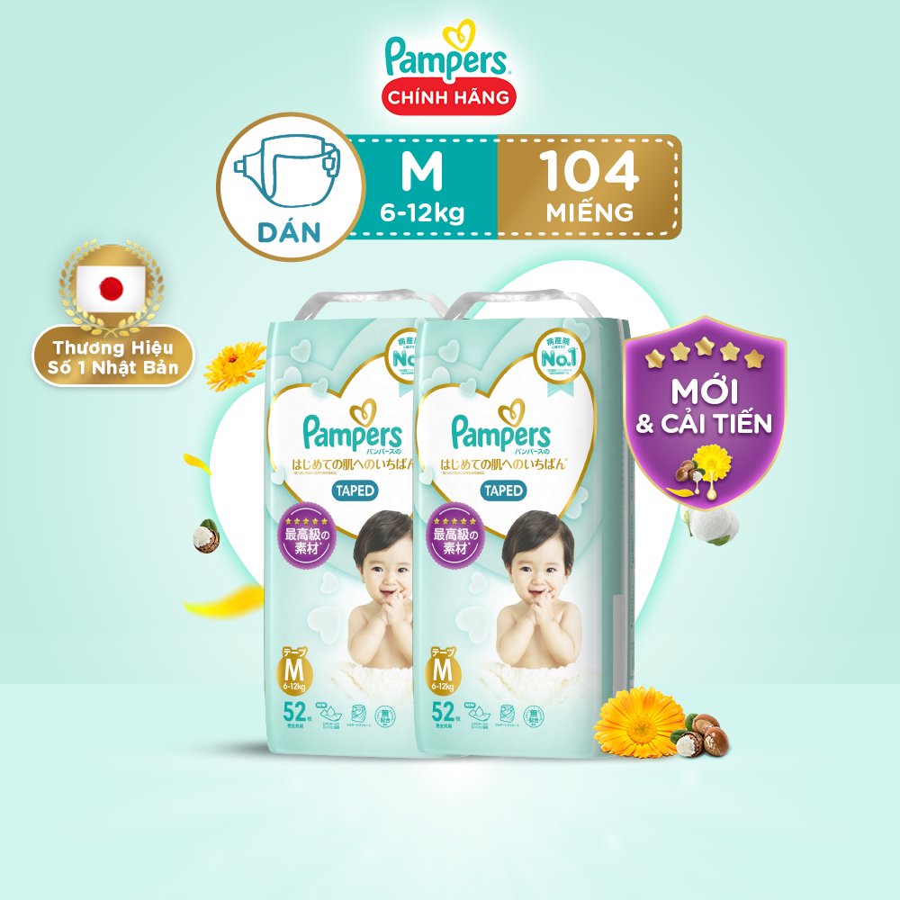 Combo 2 Tã/ Bỉm Dán PAMPERS Nhật Thượng Hạng Size M (52 miếng 6-12kg) Siêu Mềm Mịn & Thoáng Khí