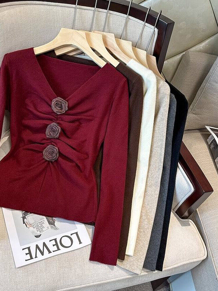 Dày Dặn Hoa 3D Áo Len Dệt Kim Nữ Mùa Thu Mùa Đông Phong Cách Mới Cao Thiết Kế Đế Gấp Cảm Giác Áo Thời Trang Cổ Chữ V Mẫu Ngắn
