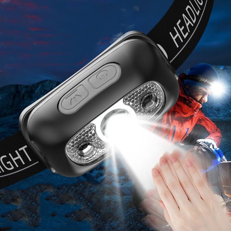 Có thể sạc lại câu cá led đèn pha cắm trại đèn pha với cảm biến cảm ứng không thấm nước đèn pin siêu ánh sáng cơ thể đèn