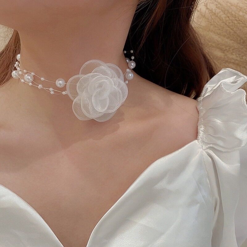 Vòng cổ choker hoa voan dây ngọc