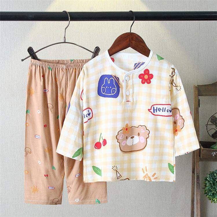 Đồ Ngủ Trẻ Em Lụa Cotton Mùa Hè Bộ Đồ Bé Trai Bộ Đồ Mặc Nhà Điều Hòa Bé Gái Mỏng Tay Dài Lụa Thô Bé Gái Em Bé