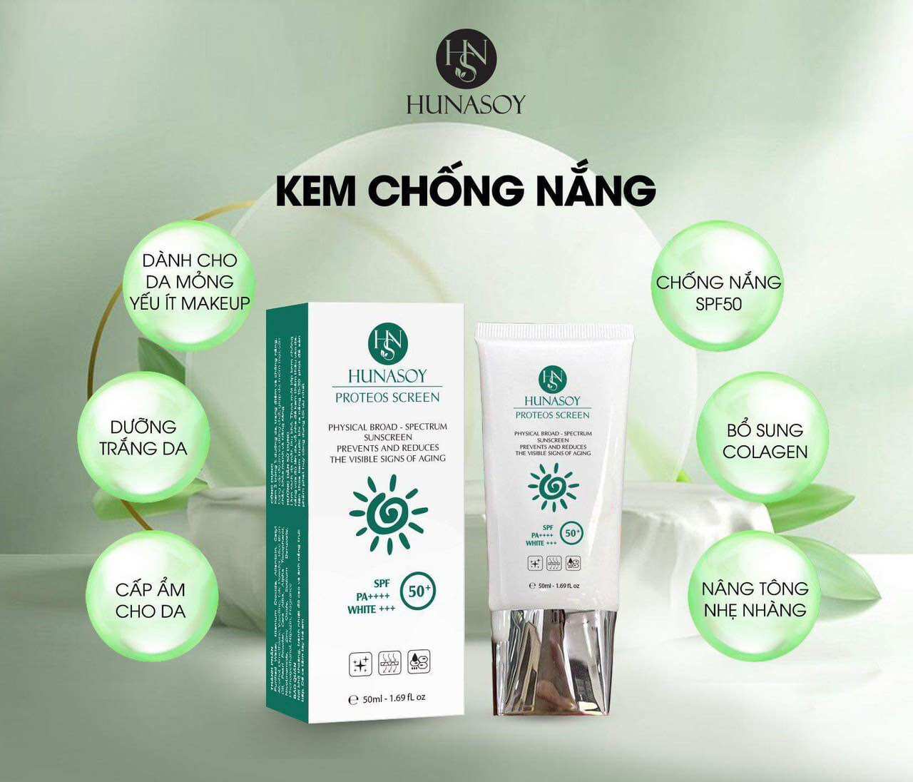 KEM CHỐNG NẮNG HUNA SPF50, PA++++ BẢO VỆ DA, TĂNG SINH COLLAGEN CHO DA