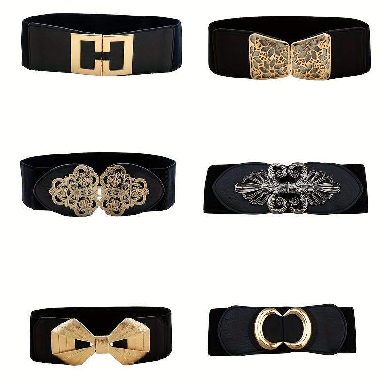 Thắt Lưng Nữ Vintage Bản Rộng Chất Liệu Thun, Màu Đen Trơn, Chất Liệu Polyester Giả Da