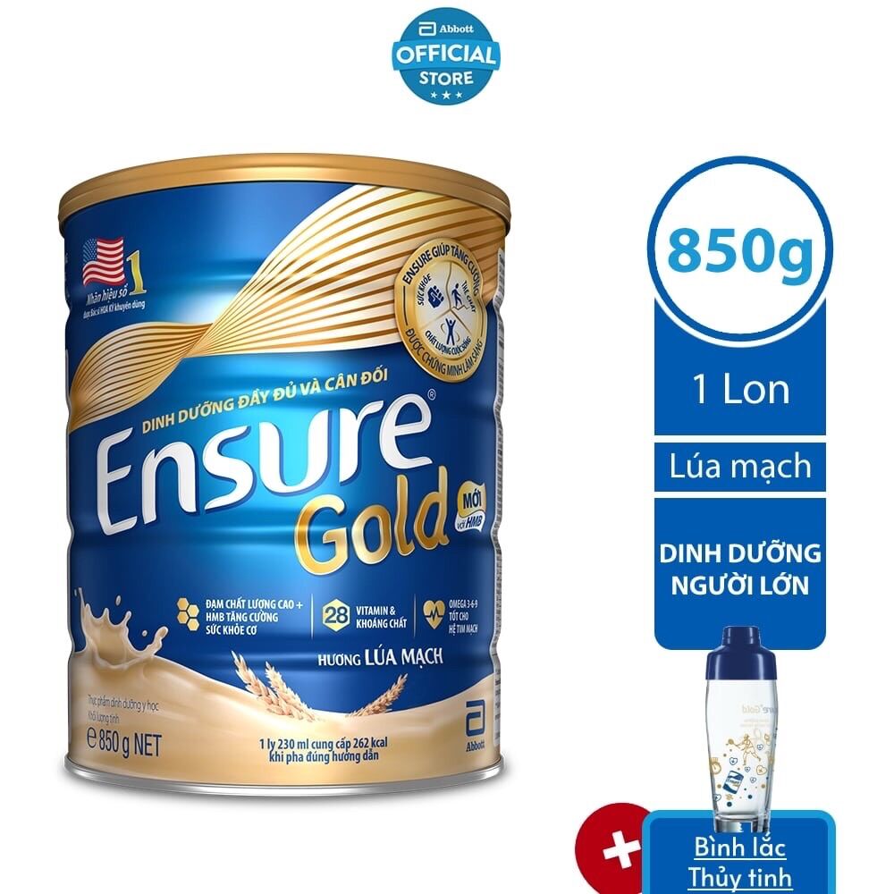 Sữa bột ensure gold hương lúa mạch 850g tặng bình lắc thuỷ tinh cao cấp luminarc