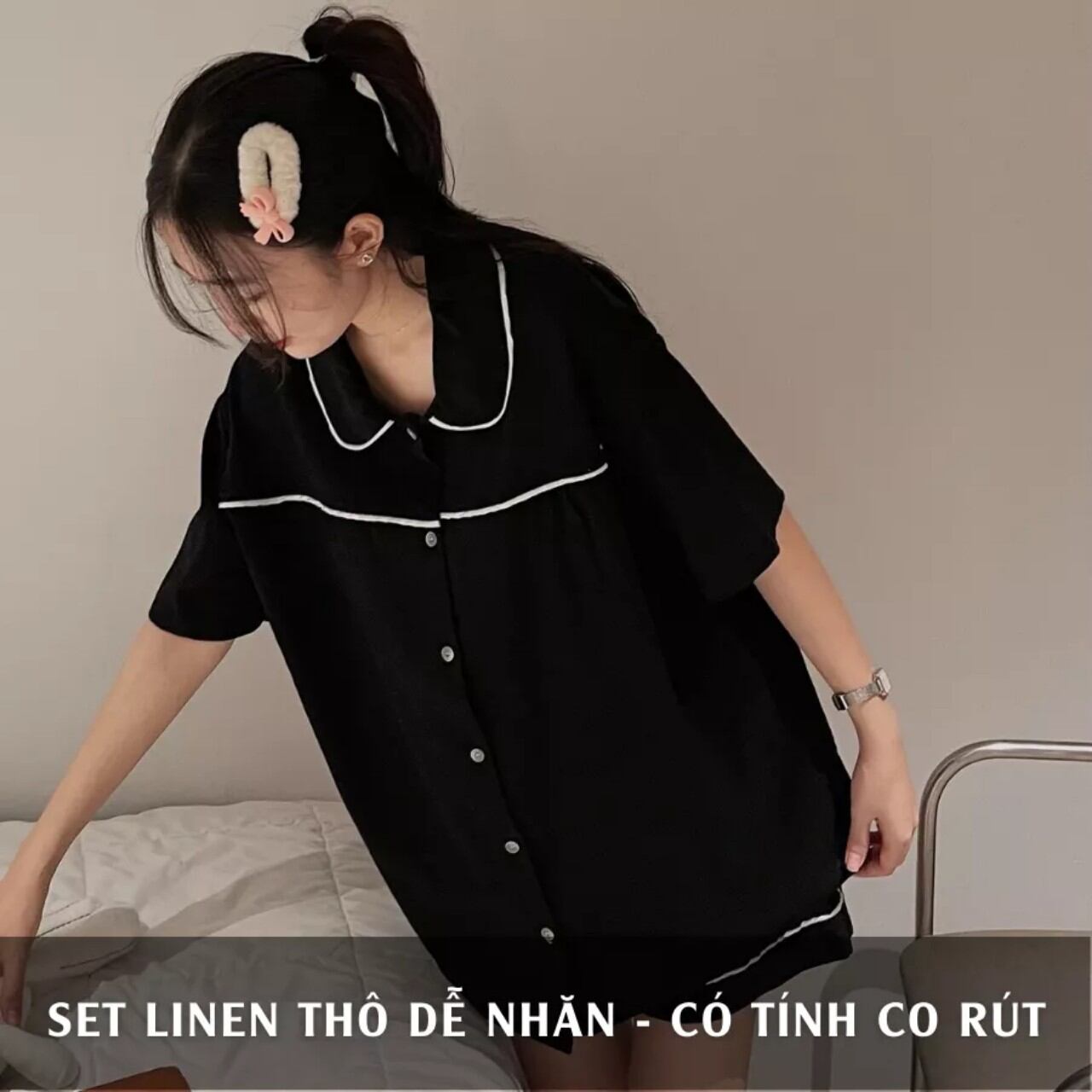 Sét bộ đùi Pyjama xốp cổ sen
