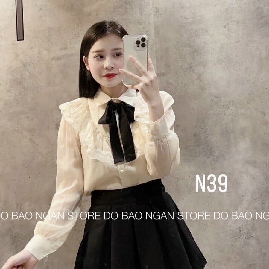 Áo sơ mi nữ cột nơ viền bèo