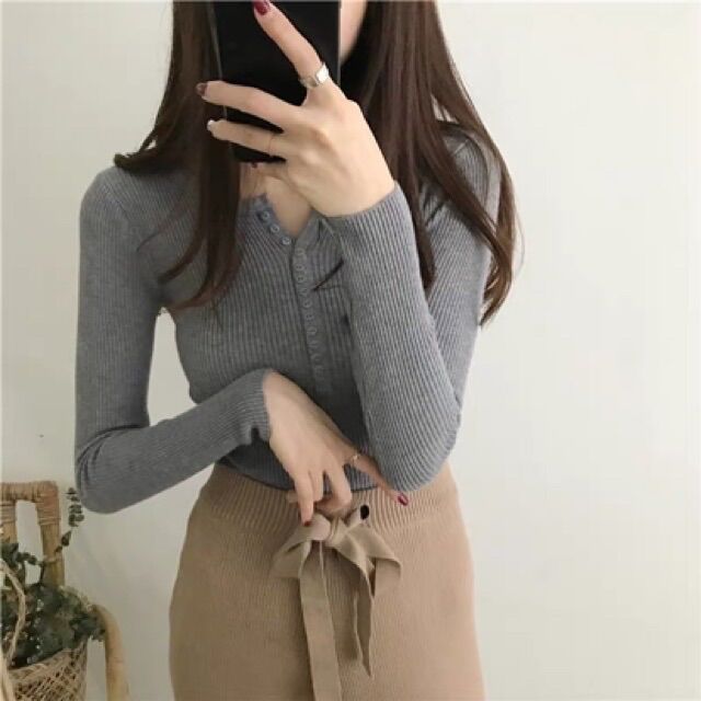 MS205 Áo len lông cừu dài tay cúc dọc