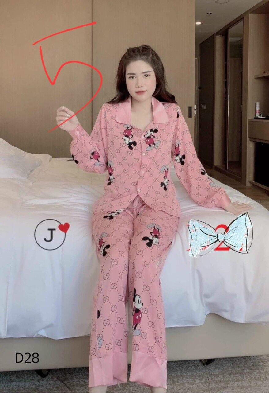 Bộ Kate Cổ Sen Tay Dài , Đồ ngủ nữ pijama mặc nhà dài tay lụa cao cấp dễ thương .Bộ đồ nữ