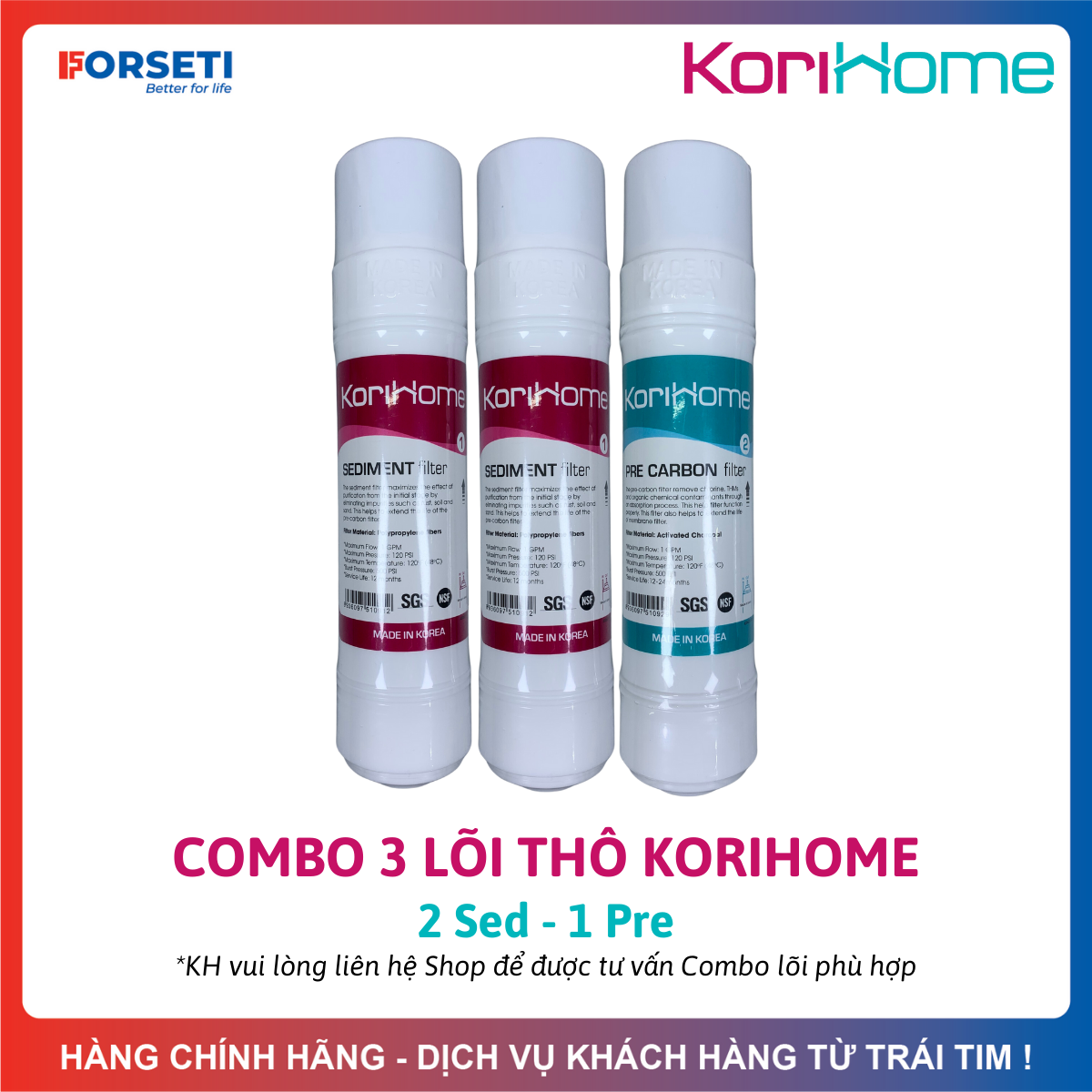 Bộ 3 Lõi Lọc Korihome 2 Lõi Sediment + 1 Precacbon Hàn Quốc - Combo Lọc Thô Loại Bỏ Vi Khuẩn Và Bảo Vệ Màng RO