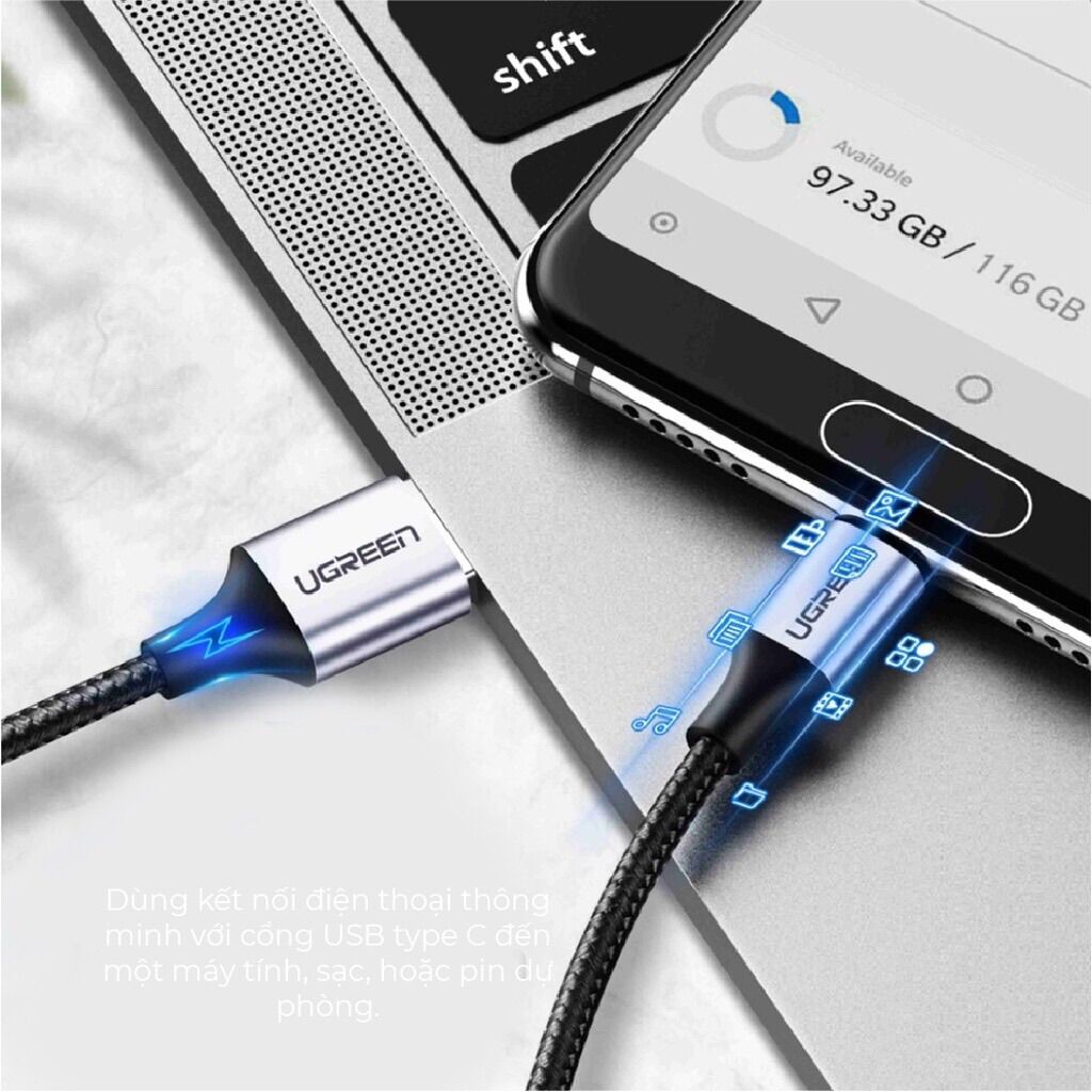 Cáp sạc nhanh Ugreen US288 dài 1M [ USB 2.0 A sang Type C 18W - tương thích với mọi thiết bị ]