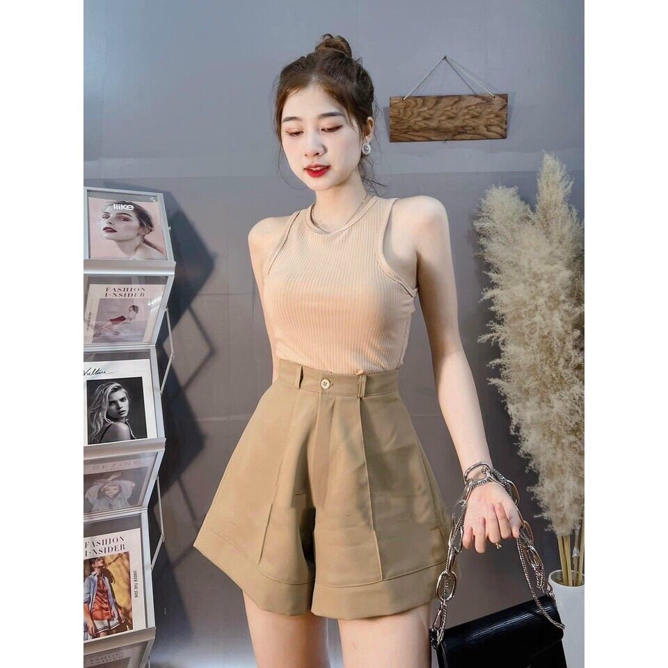 Quần short nữ lưng cao quần ống rộng quần đùi gập gấu ống rộng loe chất tuyết mưa