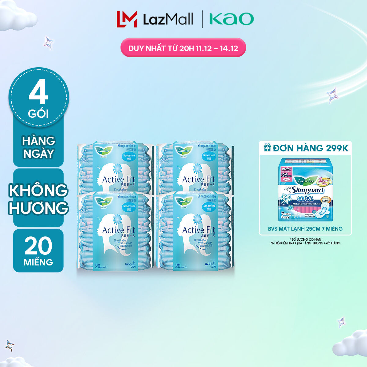  Combo 4 Băng vệ sinh hàng ngày Laurier Active Fit mềm mịn khô thoáng 20 miếng 