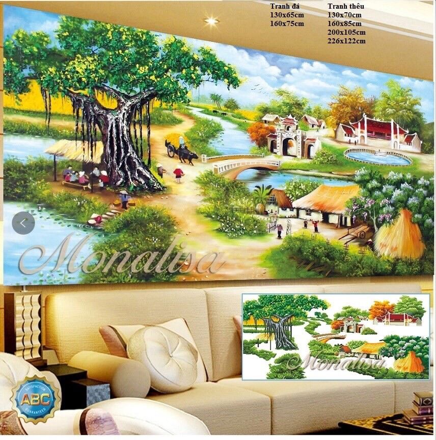 Tranh thêu chữ thập đồng quê cây đa giếng nước sân đinh 200x105cm