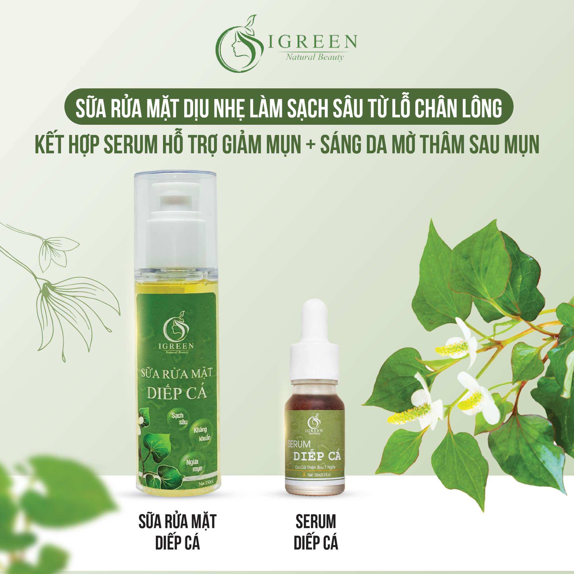 Combo Diếp Cá IGREEN (Sữa rửa mặt + Serum) – Sạch mụn, thâm