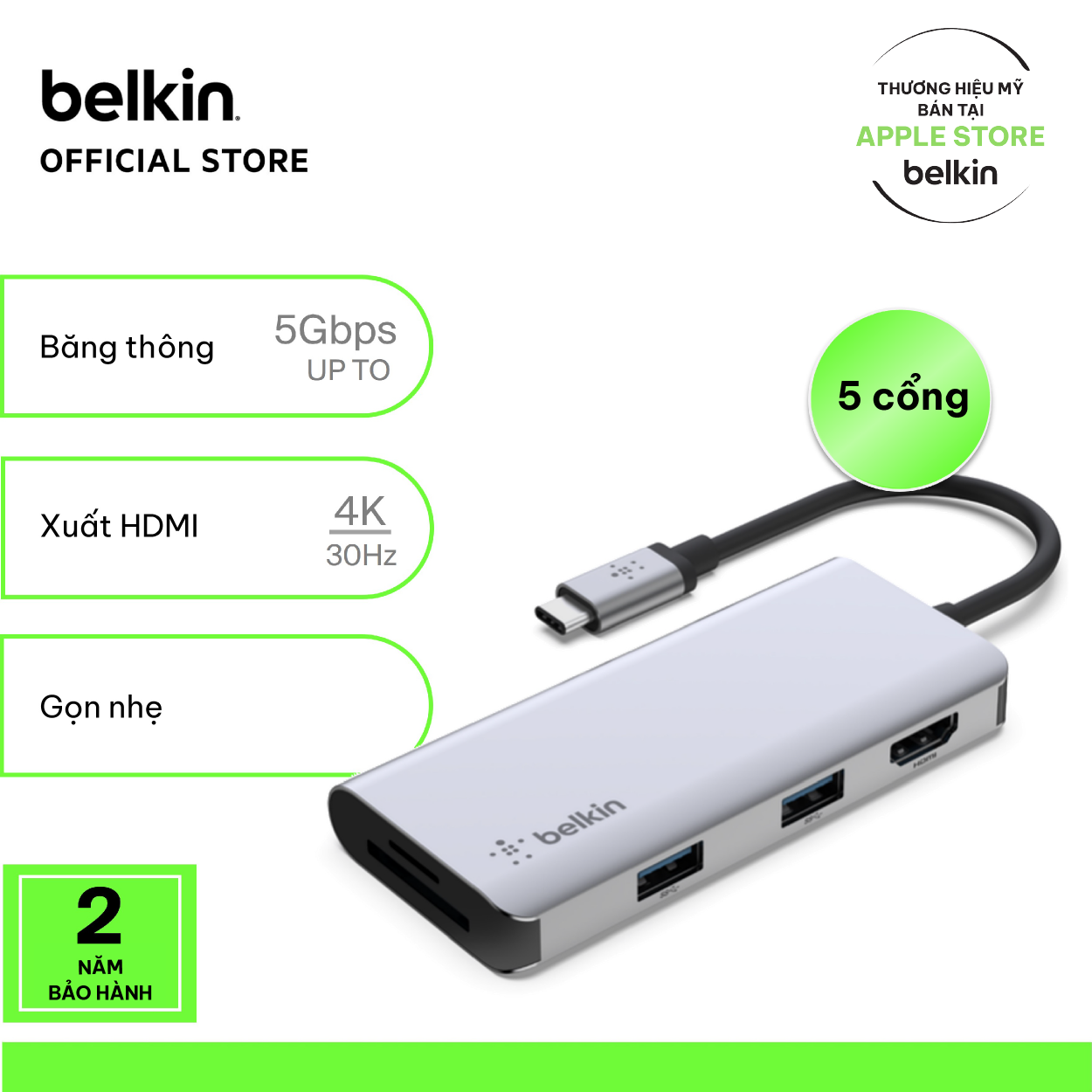 Hub chuyển đổi belkin connect hub usb-c 5-in-1 - hdmi 1.4