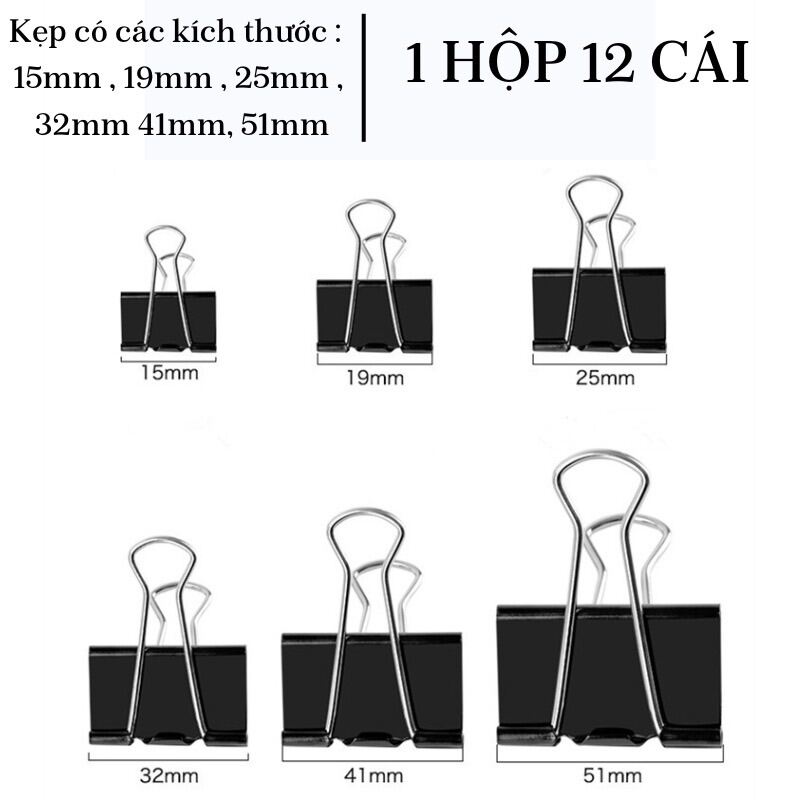 Hộp 12 chiếc kẹp bướm đen kẹp giấy kẹp tài liệu văn phòng phẩm