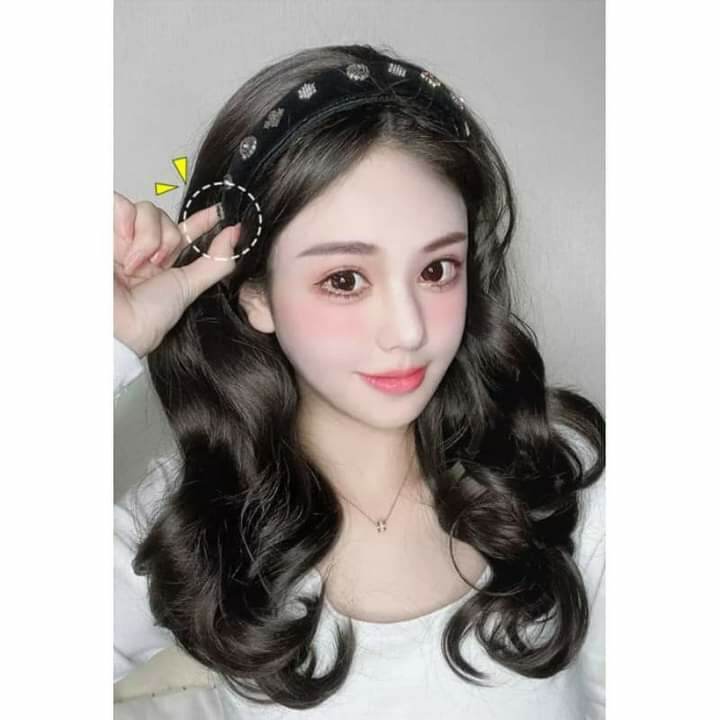 tóc giả đính cài đá siu sang dáng xoăn