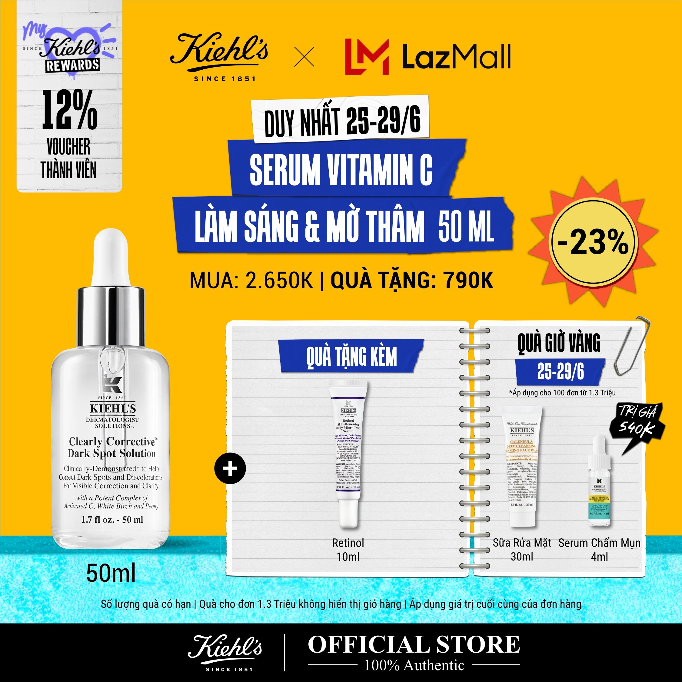 [TẶNG QUÀ ĐƠN 1.3 TRIỆU] Tinh Chất Serum Làm Sáng Da & Mờ Thâm Mụn Vitamin C Kiehl's Clearly Corrective™ Dark Spot Solution 50ML