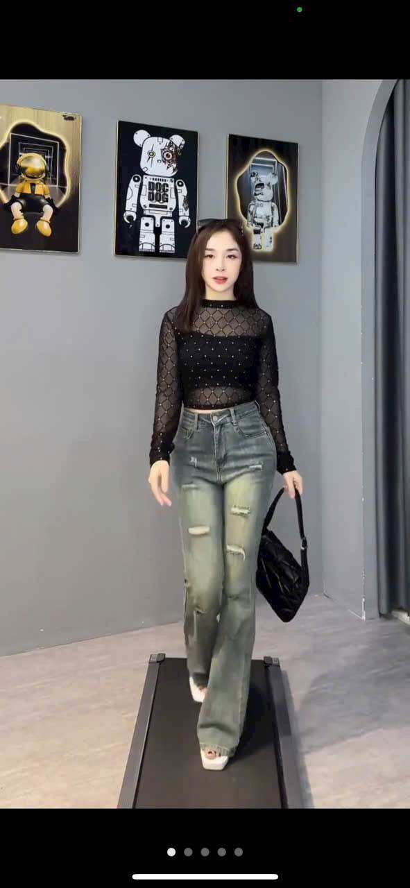 Áo Croptop Phối Lưới Đính Đá Tay Dài Cổ Tròn