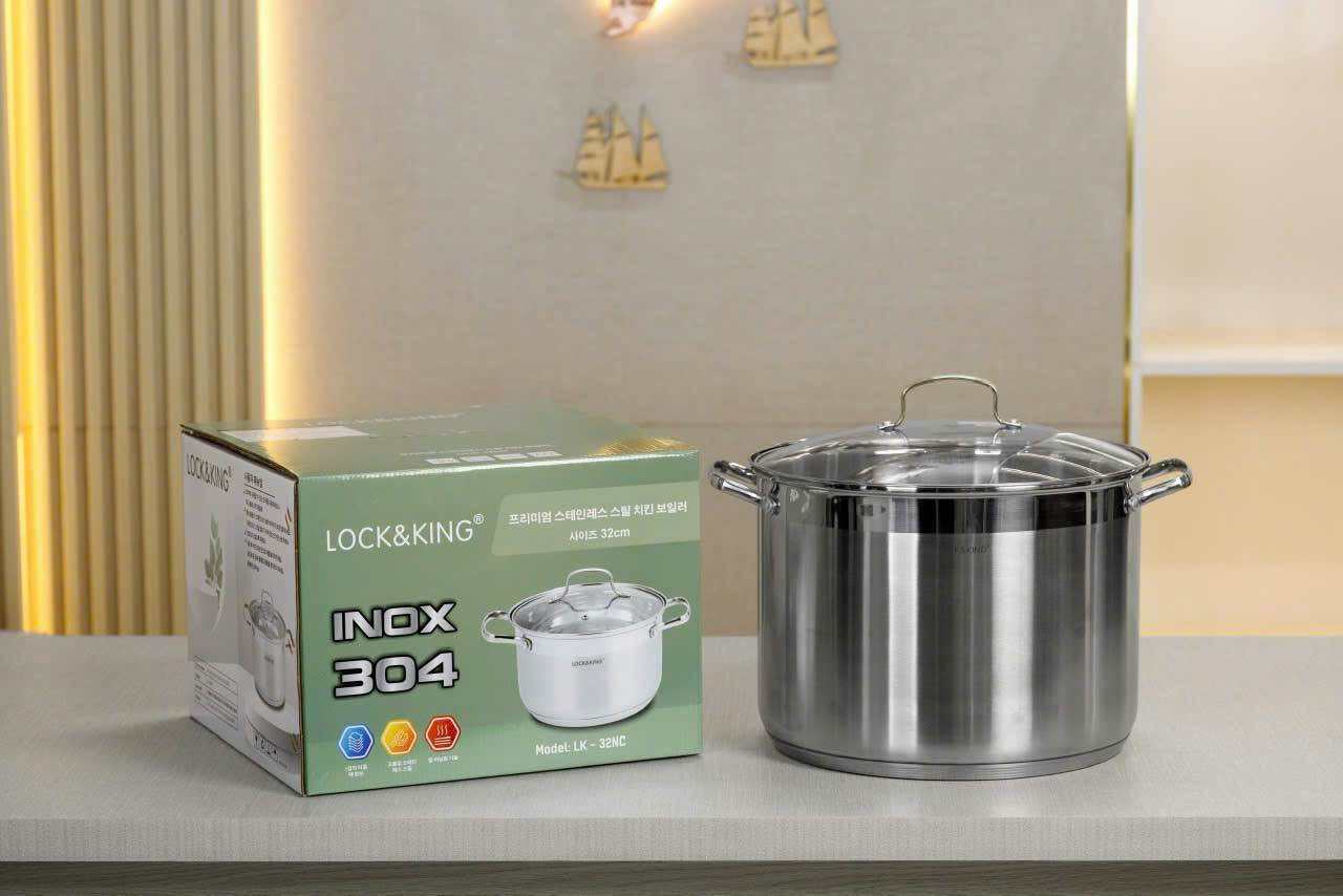 Nồi luộc gà inox 5 đáy LOCK & KING Size 30/32cm, inox 304 cao cấp, chống cháy khét sử dung cho mọi l