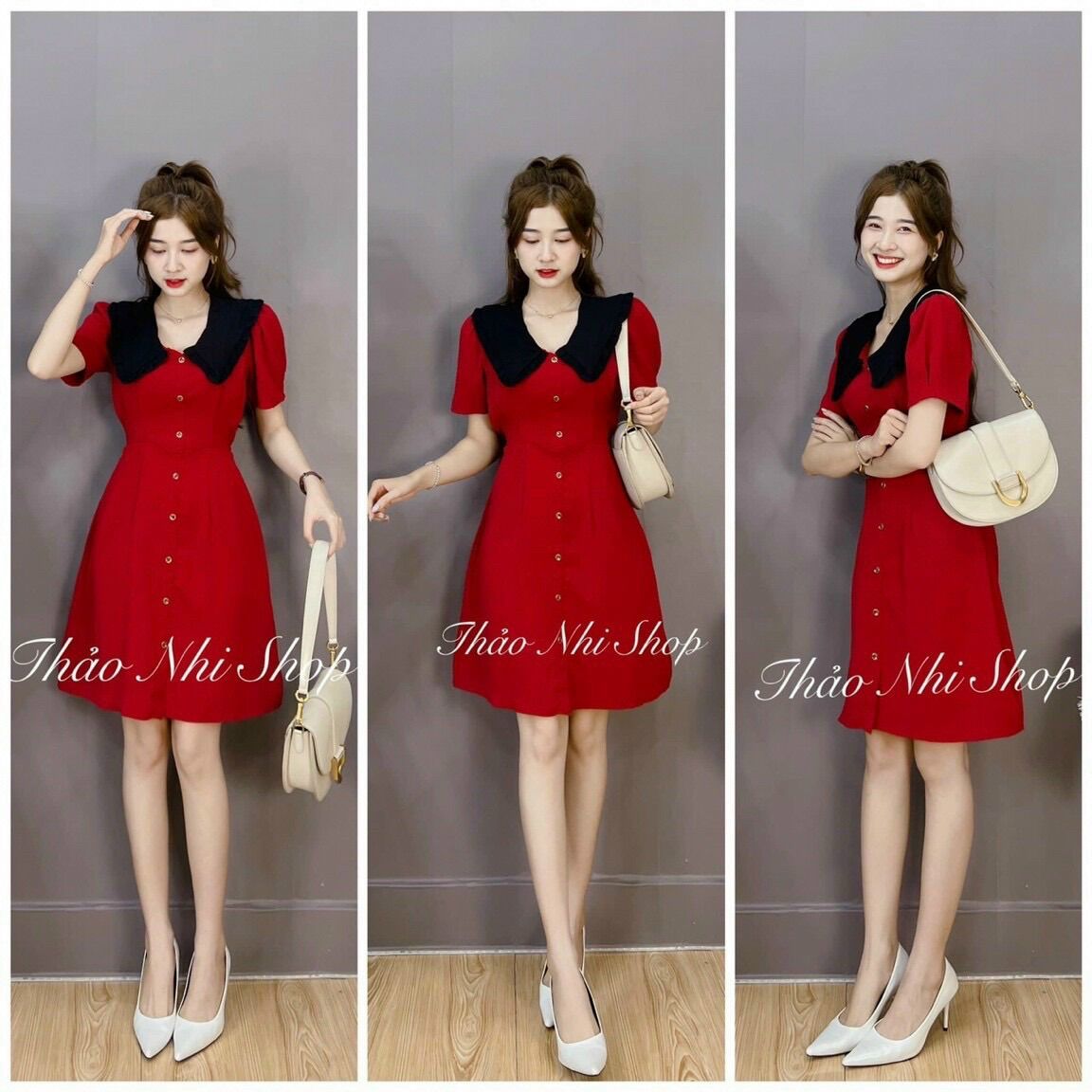 Váy Đầm Buộc Nơ Eo Cổ Nhọn Càu Nút Thật Y hình