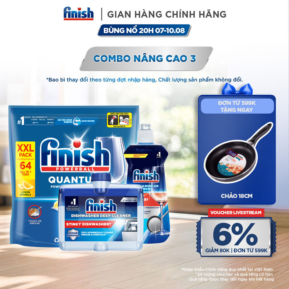 Combo Finish nâng cao 3:Viên Rửa Chén Bát Finish Powerball Quantum 64 viên + Nước làm bóng 500ml + Dung dịch vệ sinh máy