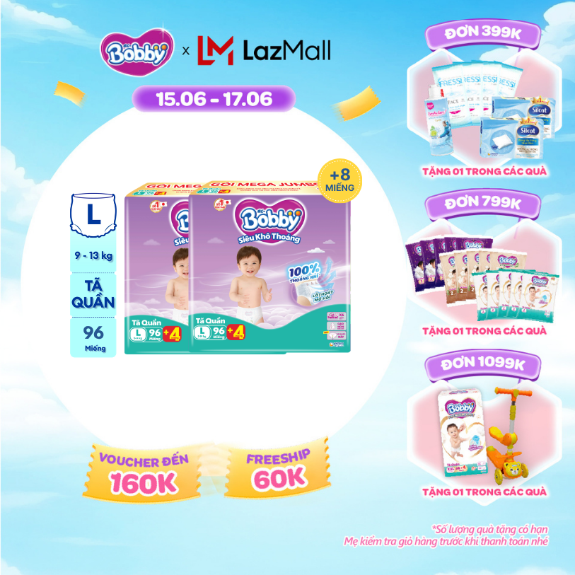 [Từ 22-23 tặng QUÀ TO-SLCH][TẶNG MIẾNG NGẪU NHIÊN] Combo 2 Tã/bỉm quần Bobby 3mm Mega Jumbo Siêu khô thoáng L96
