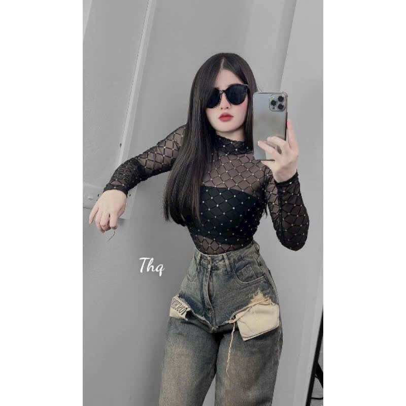 Áo Croptop Phối Lưới Đính Đá Tay Dài Cổ Tròn