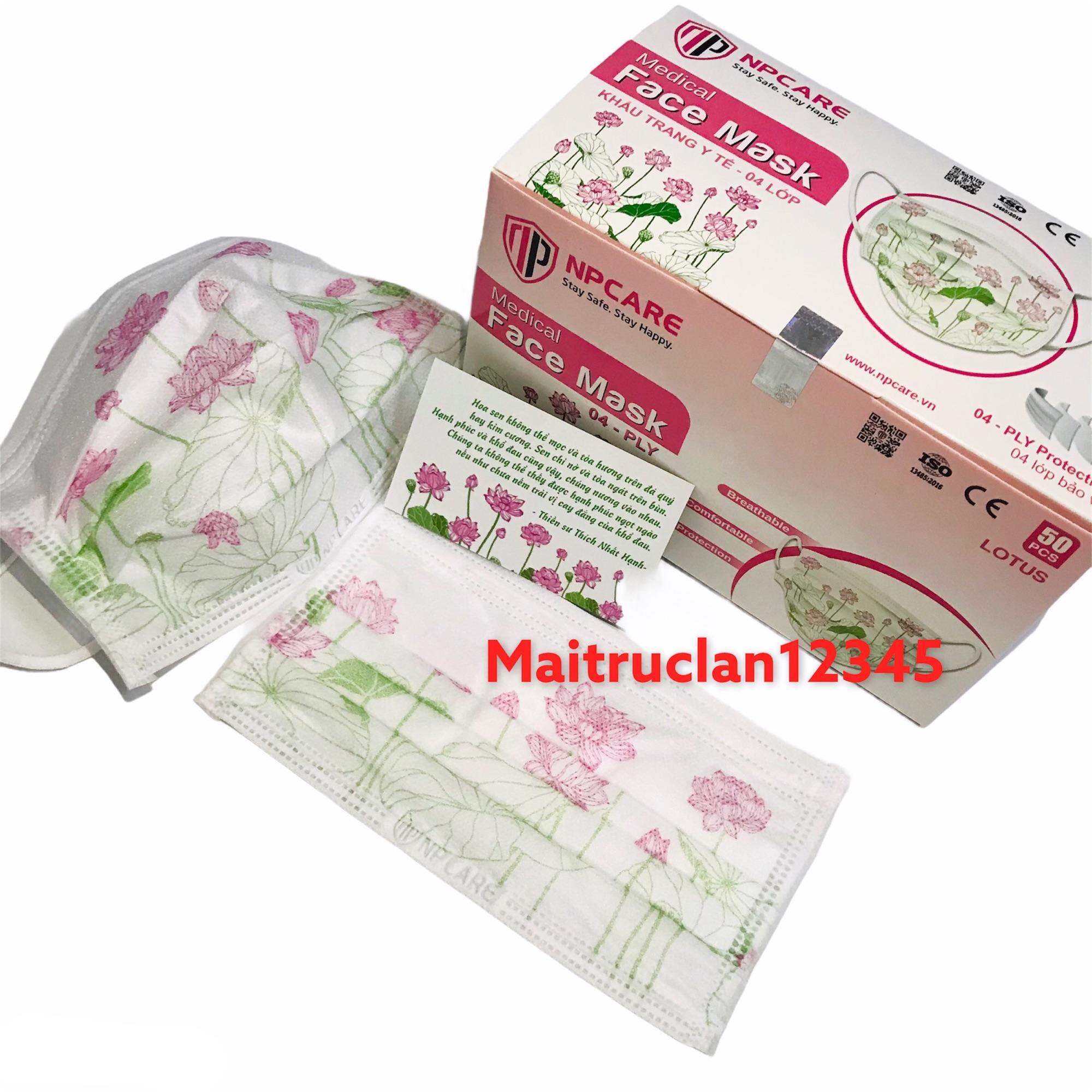 (HOA SEN) Khẩu trang y tế 4 lớp cao cấp NPcare hoạ tiết Hoa sen 1 hộp 50 cái