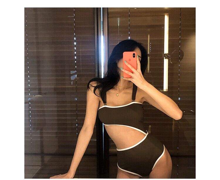 Bikini nữ liền mảnh khoét eo sexy màu NÂU viền trắng