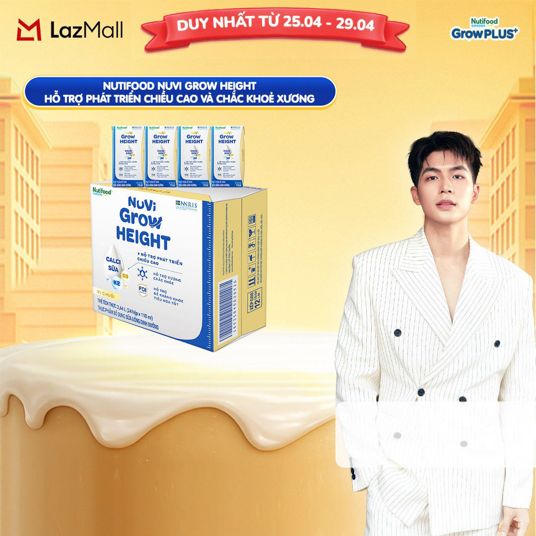 Thùng 24 hộp Sữa Nước Pha Sẵn Nuvi Grow Height vị chuối + hỗ trợ phát triển chiều cao hộp 110ml - Trên 1 tuổi