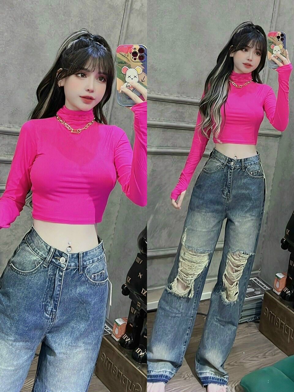 Áo kiểu croptop áo cổ lọ tay dài chất borip đẹp from dưới 50kg