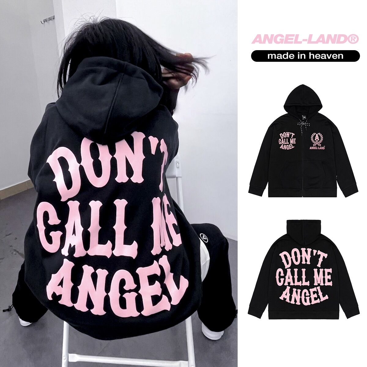 Áo khoác hoodie khoá kéo angel-land don't call me angel màu đen chính hãng nỉ bông