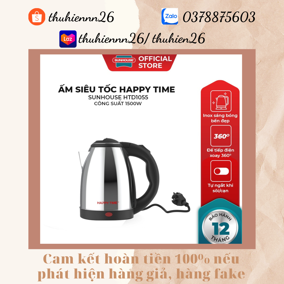 Ấm siêu tốc happy time 1,8l, bình đun siêu tốc inox cách nhiệt htd1081