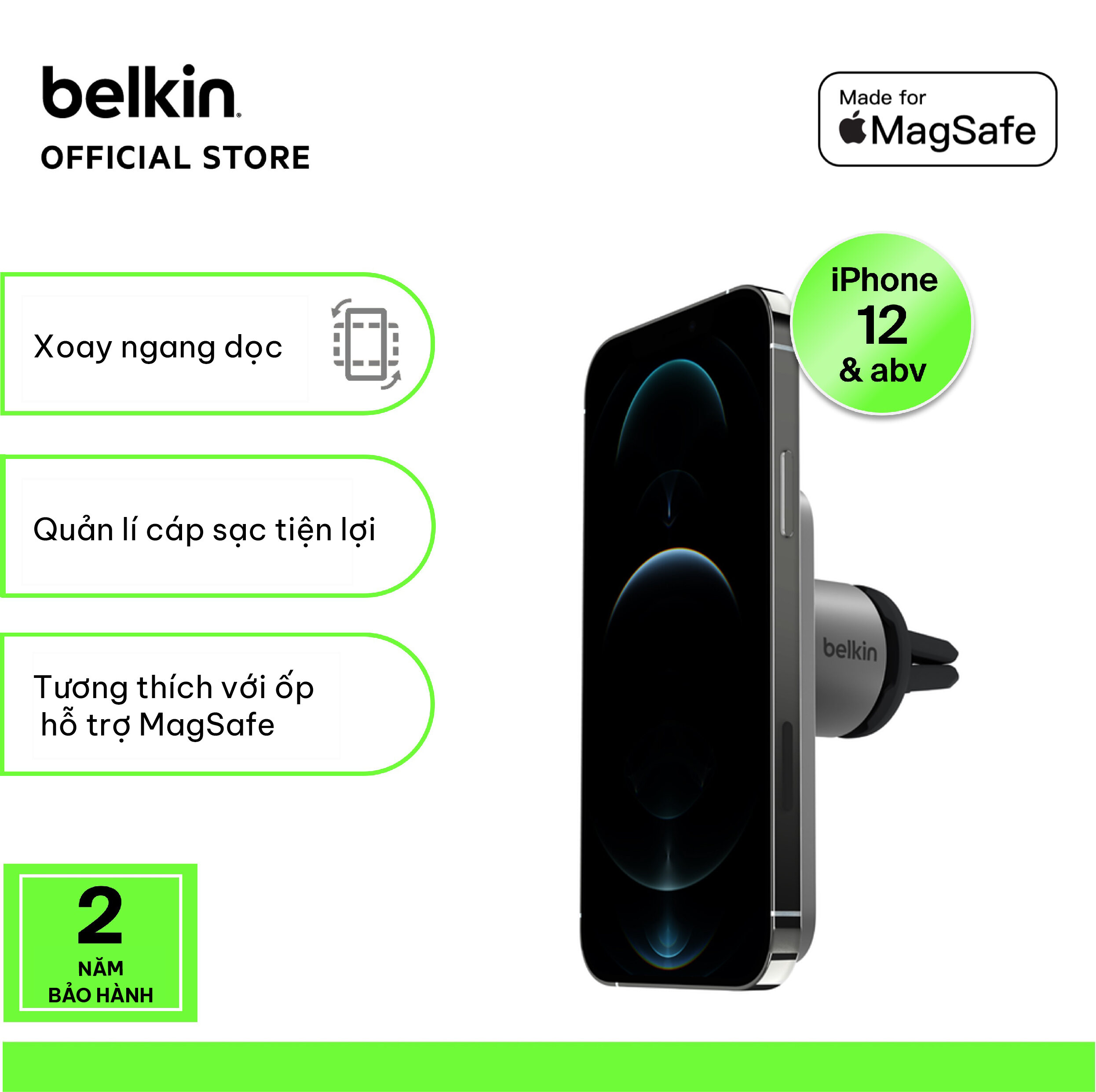 Giá đỡ iPhone BOOSTCHARGE PRO Belkin cho xe hơi, sạc không dây MagSafe 15W - Hàng Chính Hãng - Bảo hành 2 năm - WIC008bt