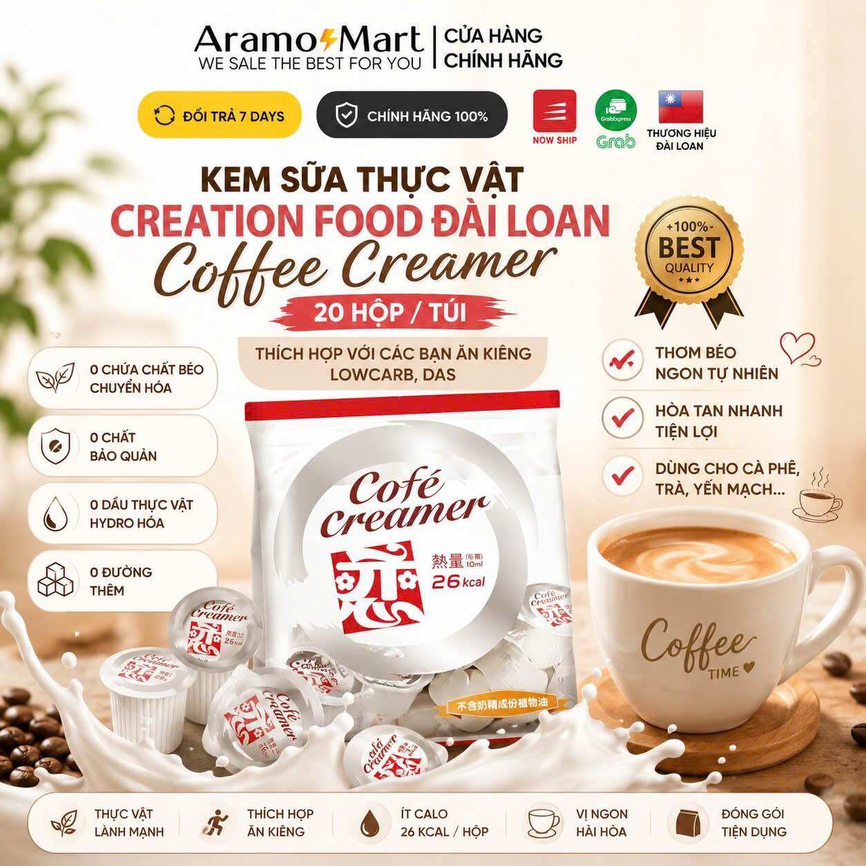Kem sữa thực vật Creation Food Đài Loan, Coffee Creamer Thơm, Béo, Ngon, 20hộp/túi (1hộp/10ml)