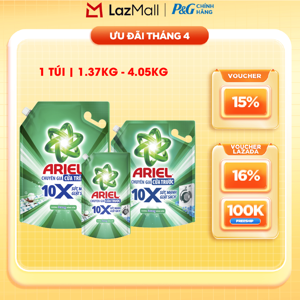 Nước Giặt Gel ARIEL 10X Sức Mạnh Giặt Sạch Chuyên Gia Cửa Trước - Cửa Trên Hương Downy Nắng Sớm Túi 1.37-4.05KG