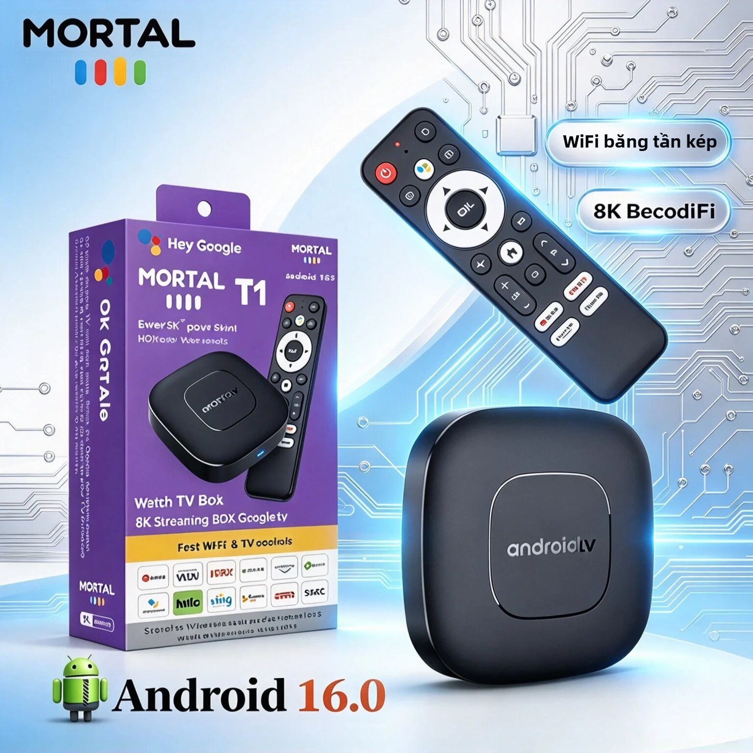 Hộp Giải Mã Truyền Hình Google Assistant Mortal T1 Android 16 RK3518 Quad Core 8K HDR WiFi 6 BT5.4 Điều Khiển Bằng Giọng Nói