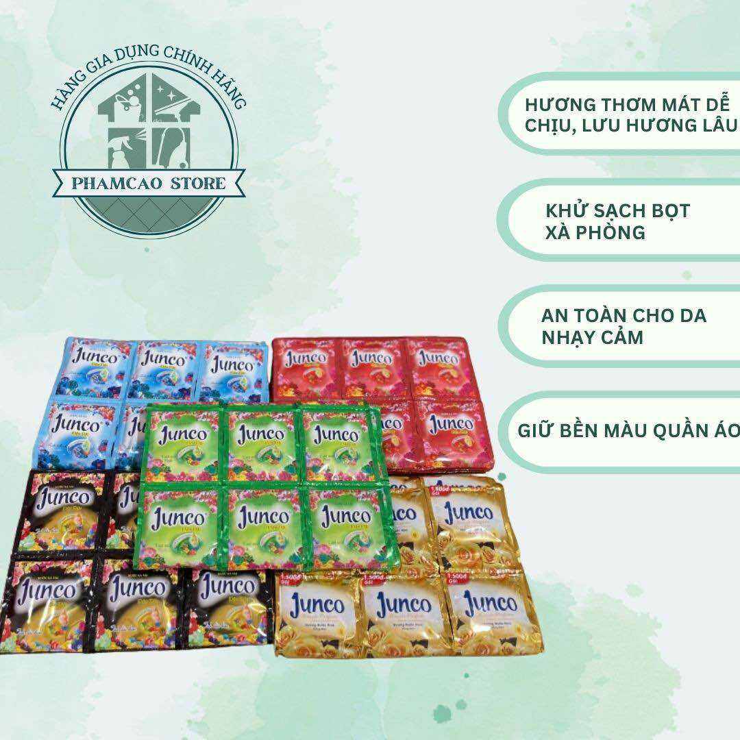 10 dây 100 gói nước xả vải Junco hương nước hoa thơm ngát bền lâu, khử sạch bọt xà phòng date mới nhất.