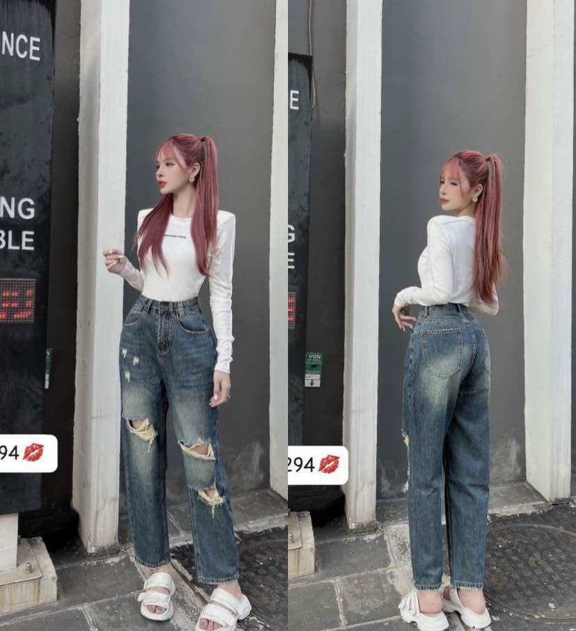 Quần baggy jean nữ lưng cao rách gối hot hit